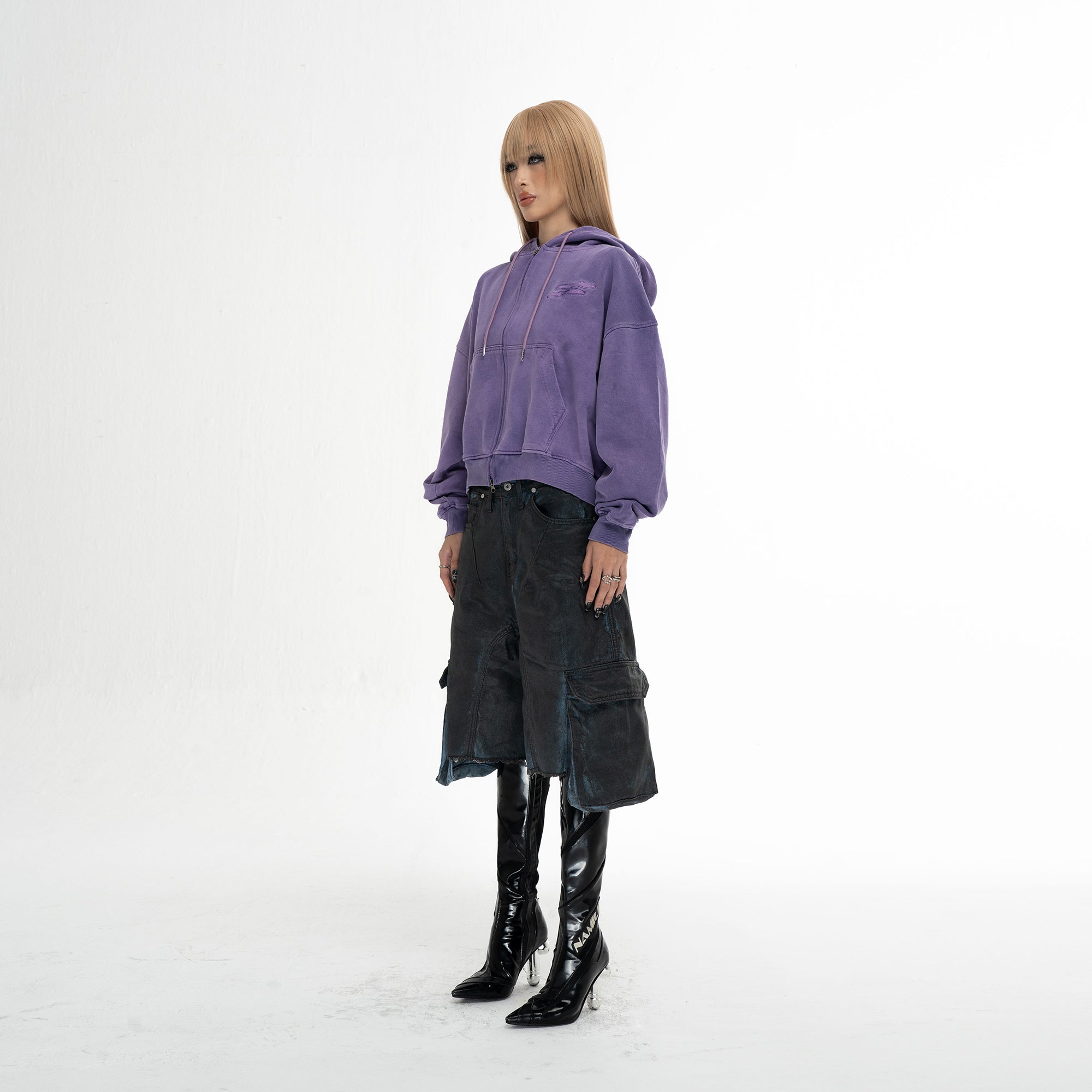 SS LOGO WASHED BOXY FIT ZIP-UP HOODIE