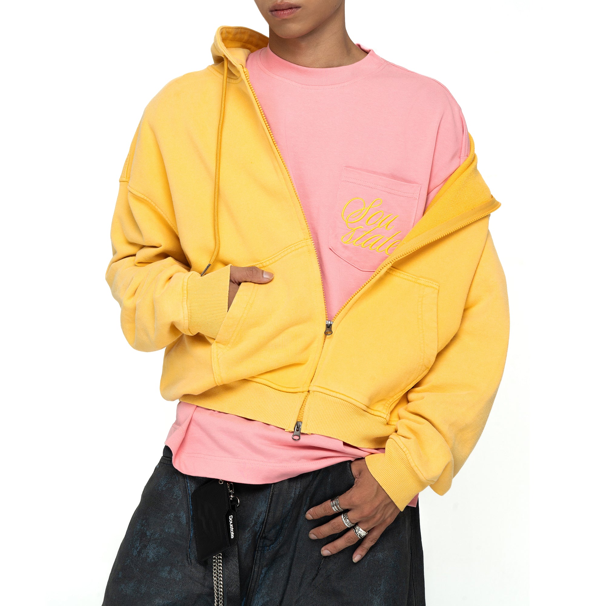 SS LOGO WASHED BOXY FIT ZIP-UP HOODIE