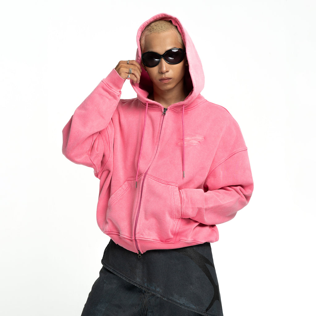 SS LOGO WASHED BOXY FIT ZIP-UP HOODIE