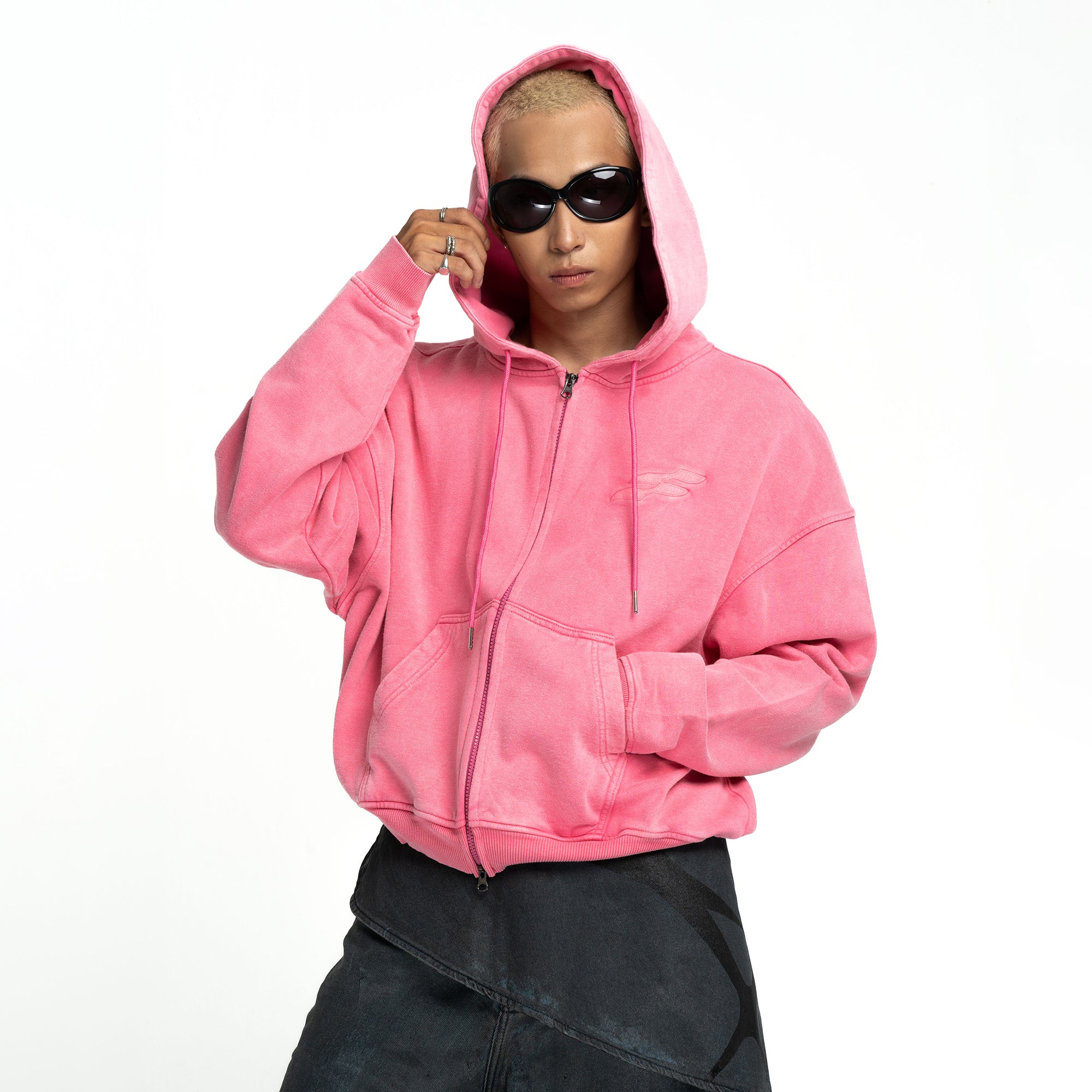 SS LOGO WASHED BOXY FIT ZIP-UP HOODIE